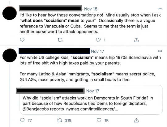 The meaning of socialism discussed on Twitter. (socialism is a trigger word on social media but real discussion is going on amid the screaming)