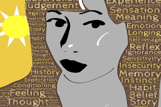 a line drawing of a woman's face with words such as feeling, memory, etc. written in the background