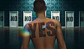 a man with the word YES on his back facing several doors with the word NO on them